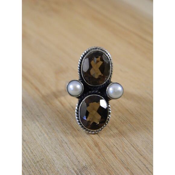 Vintage Topaz Sterling Silver Ring, Brown Topaz, Pearl Multi Stone Ring Sz 6.25 - Picture 2 of 10
